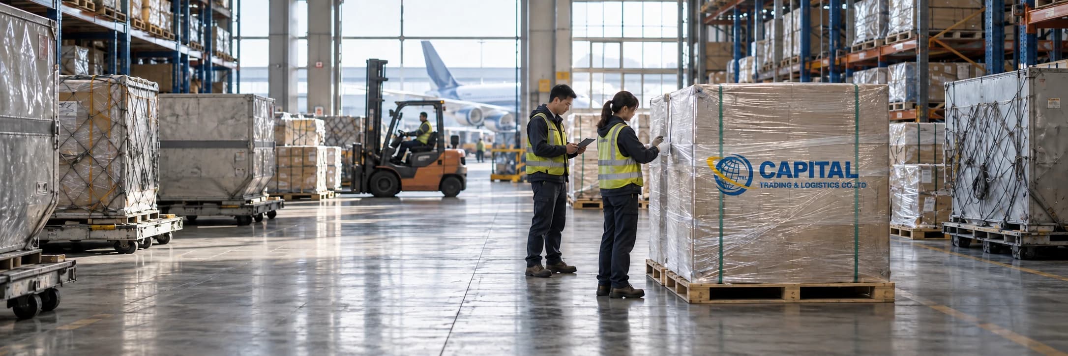 Air cargo team checking a Capital-branded shipment in a freight warehouse