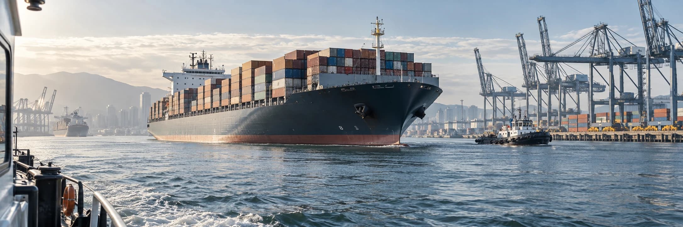 Container vessel at an international freight terminal